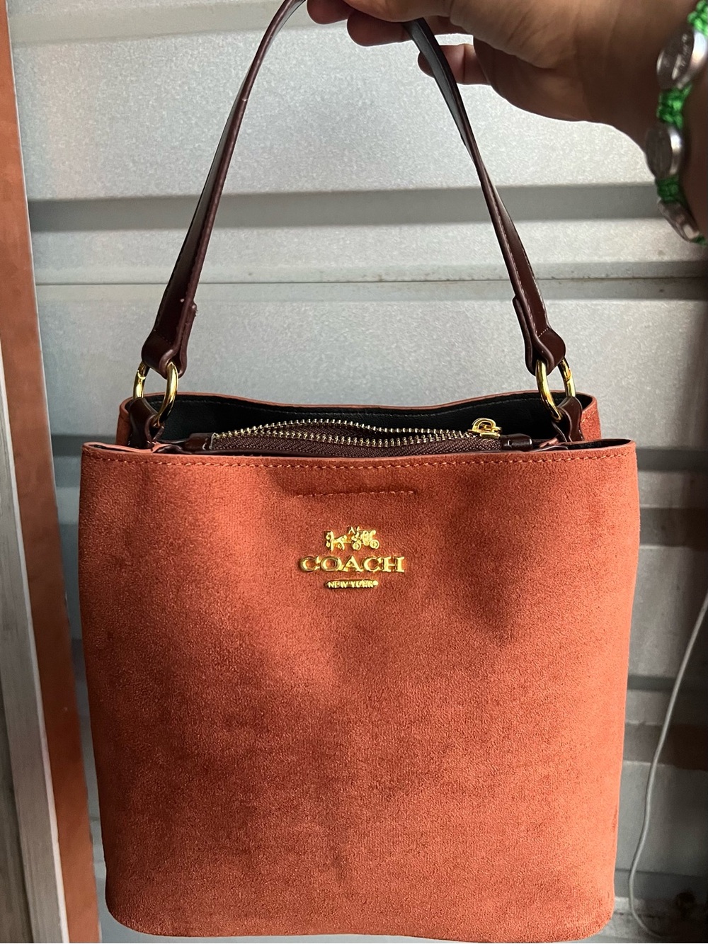 COACH Suede Bucket Shoulder Bag in Rust and Dark Brown